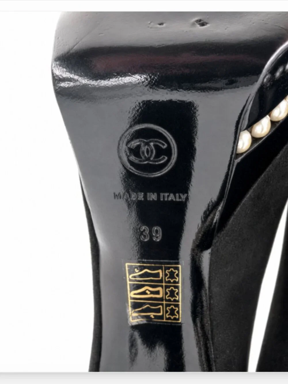 Chanel Pearl Platform Pumps Heels Cap Toe Black Suede Size 39 US 9